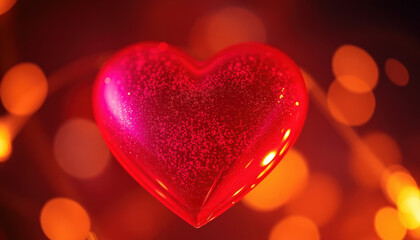 Fototapeta premium A radiant pink heart with a sparkling surface, glowing warmly against a vibrant bokeh background of golden lights.