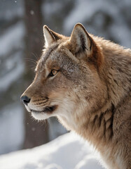 portrait of wild animals in snow, like tigers, lynxes, and wolves.