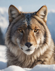 portrait of wild animals in snow, like tigers, lynxes, and wolves.