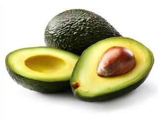 close up of three avocados on a white background