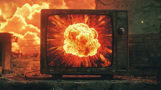Apocalyptic Television: A fiery explosion displayed on a vintage television set against a backdrop of devastation.