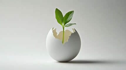 a small sprout growing out of a broken eggshell
