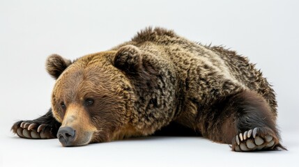 Relaxed Brown Bear Lying Flat on a Neutral Background