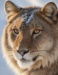portrait of wild animals in snow, like tigers, lynxes, and wolves.