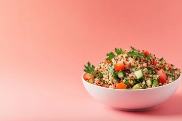 Fresh and Colorful Quinoa Salad Front View on a Solid Pink Background in 8K High Definition