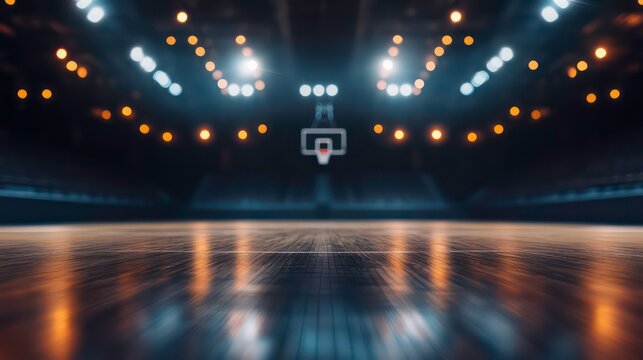 basketball court blurred background with glowing lights indoor sports arena ready for action energetic atmosphere vertical format - - Powered by Adobe