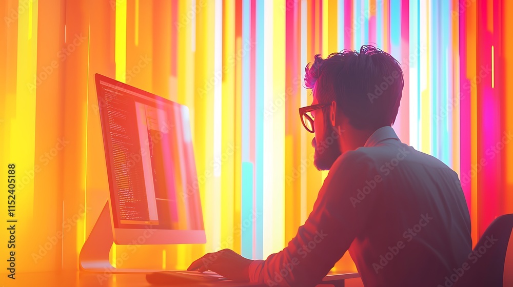 Aufkleber Programmer Working Late on Computer Code in Vibrant Room