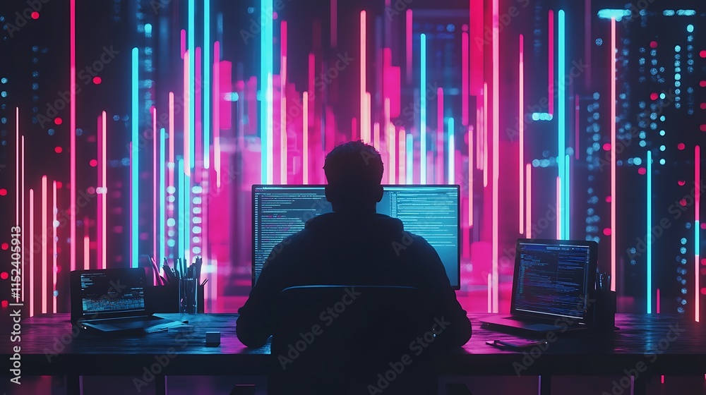 Poster Hacker Silhouetted Against Neon Coding Background