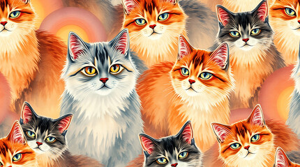 pattern illustration with cats in water color style