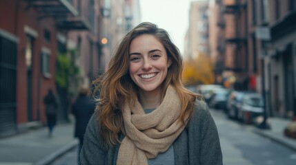 woman smiling on city street wearing a scarf