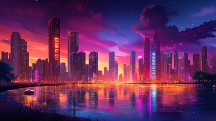 Obraz premium city skyline at dusk with vibrant colors and water reflection