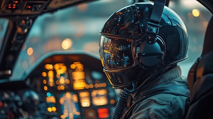 Pilot in cockpit showcases advanced technology, illuminated cont