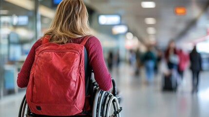 Young Woman in Wheelchair on The Move at Busy Airport, Traveling and Accessibility Concept