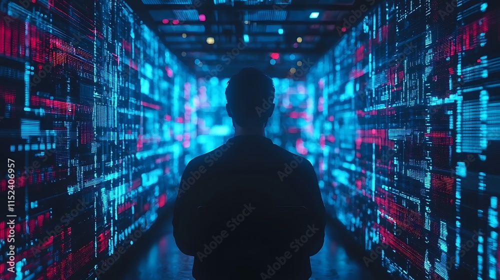 Poster person silhouetted against a wall of binary code