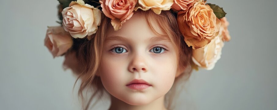 toddler girl with real flower corwn made of roses - Powered by Adobe