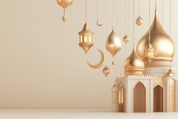 Artistic Mosque and Lantern with Crescent Moon Illustration