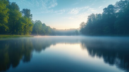 Obraz premium Tranquil lakeside scene at dawn, mist rising from water's surface, surrounded by lush greenery.