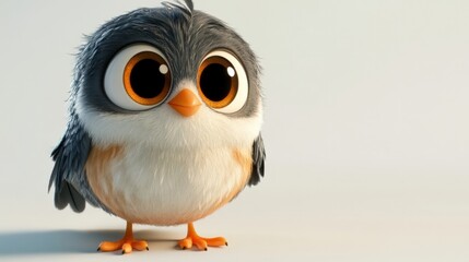 A cartoon bird with large orange eyes stands on a white background