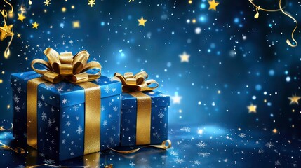 Two blue gift boxes with gold ribbons and snowflakes on a sparkling blue background.