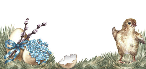 Easter banner. Cute chicken and egg decorated with willow and forget-me-nots. A hand-drawn watercolor illustration in vintage style. Highlight it. For making greeting cards and invitations for Easter.