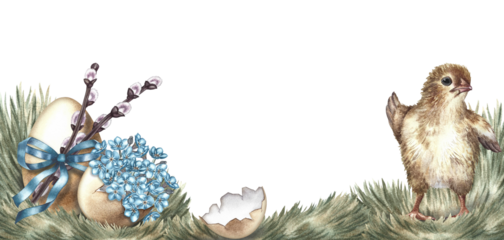 Easter banner. Cute chicken and egg decorated with willow and forget-me-nots. A hand-drawn watercolor illustration in vintage style. Highlight it. For making greeting cards and invitations for Easter.
