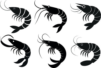 6 deferent Shrimp, silhouette vector art illustration