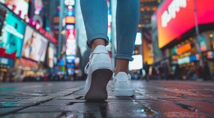 A woman's feet in white sneakers walking through a vibrant city at night. Bright lights and colorful billboards fill the background.