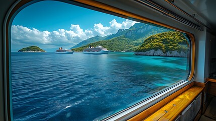 Fototapeta premium Ocean view from ship window; three cruise ships at sea near lush green islands under a blue sky with clouds.