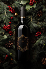 Festive Wine Bottle with Gold Label Nestled in Winter Holiday Greenery