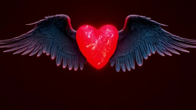Pulsating red heart with sleek black angel wings in a seamless loop for a virtual video background.