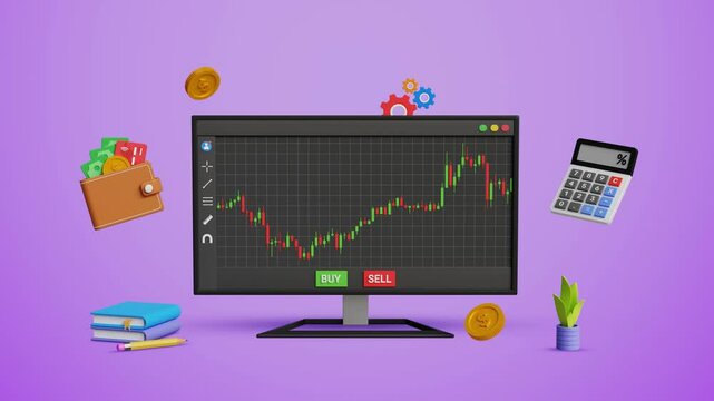 Buying and selling stocks, analyzing candlestick chart pattern, crypto and forex trading. Trading strategy and portfolio management. 3D candlestick chart on computer with trading icons.4K 3D animation