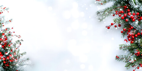 Christmas tree branches decorated with berries. snow. frost. snow-white background. banner. place for text