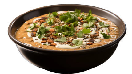 Traditional Indian dal makhani made with rich spices, served in a bowl, perfect for vegetarian meals, studio view, isolated on transparent background.