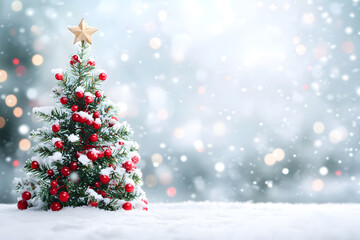 Christmas tree decorated with New Year's decorations. stands in a snowy forest. the white background is blurred with a bokeh effect creating a fabulous atmosphere. New Year