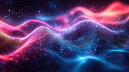 Abstract wavy particles illuminated with vibrant neon colors forming fluid, dynamic wave-like patterns in deep space, with sparkling points of light creating a cosmic atmosphere. Background