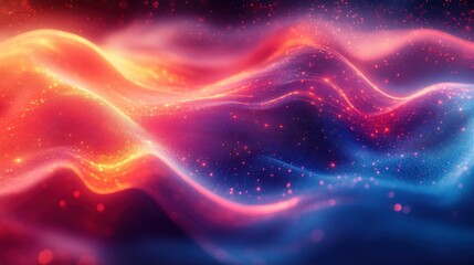 Fototapeta premium Abstract flowing waves of vibrant energy in shades of red, orange, and blue with sparkling particles, creating a dynamic and ethereal digital motion effect with depth and texture. Background