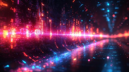 Obraz premium Futuristic digital landscape with glowing neon grids and pixelated patterns in vivid pink, blue, and orange hues, creating a dynamic cyber-inspired scene with depth and motion. Background