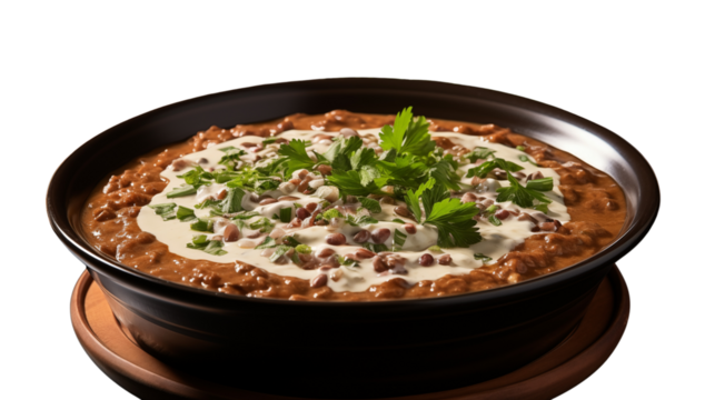Bowl of creamy dal makhani, a classic Indian lentil curry rich in spices and flavor, studio view, isolated on transparent background.
