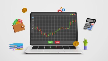 Buying or selling in stock market. Crypto currency and forex trading. Investment, portfolio management. Candlestick chart on 3D laptop screen with trading wallet and calculator. 4K 3D animation