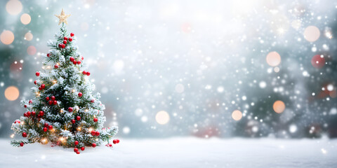 Christmas tree decorated with New Year's decorations. stands in a snowy forest. the white background is blurred with a bokeh effect creating a fabulous atmosphere. New Year