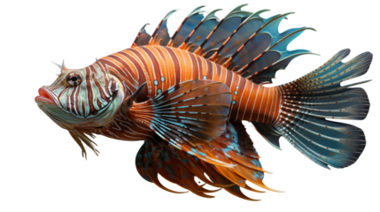 A lionfish in its natural habitat, blending vibrant colors with its striped, spiny fins in the deep ocean, studio view, isolated on transparent background.