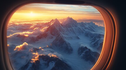 Naklejka premium Aerial sunset view of majestic snow-capped mountains through airplane window.