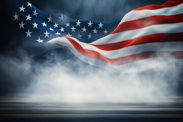 Dramatic stage setup, product showcase with smoke effects, featuring the stars and stripes flag, evoking a patriotic American event atmosphere for inauguration, 4th of July, Independence Day.