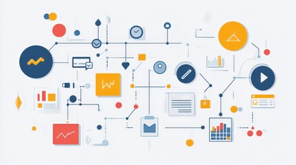 Fototapeta premium Flowchart depicting steps of a process, with colorful icons and clear pathways illustrating efficiency.