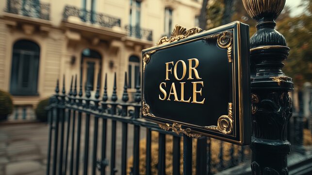 A sign that says for sale is on a metal fence. The sign is black and gold