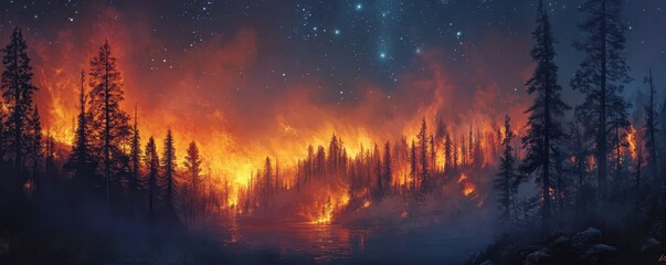 Forest fire and northern lights