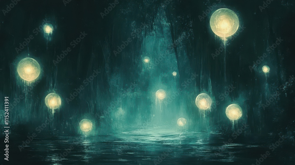 Wall mural glowing orbs of light floating in a darkened space, creating a magical and ethereal atmosphere.