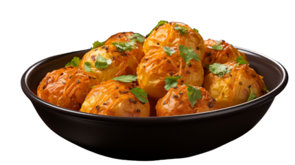 Crispy batata vada, a popular Indian street food made with spicy mashed potatoes and a golden crust, studio view, isolated on transparent background.