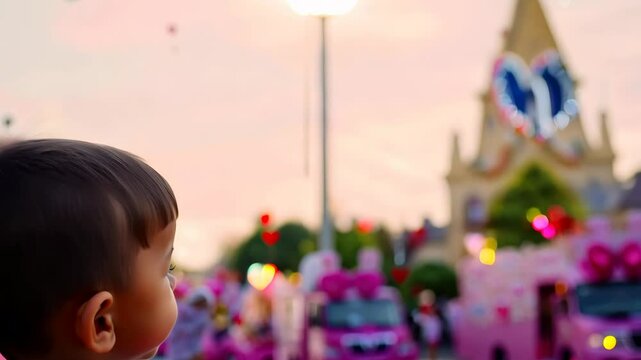 The camera zooms out from a heart-shaped balloon held by a child during a Valentine&rsquo;s Day parade with confetti falling and festive floats passing in a lively street