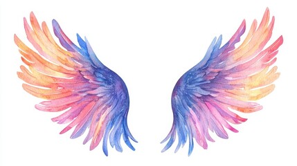 Hand drawn watercolor paintings vibrant feather set. Boho style wings. illustration isolated on white. Bird fly design for T-shirt, invitation, wedding card